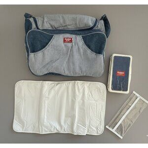 Vtg OshKosh B'Gosh Zipper Diaper Duffle Bag White Blue Jeans Striped Wipe Case